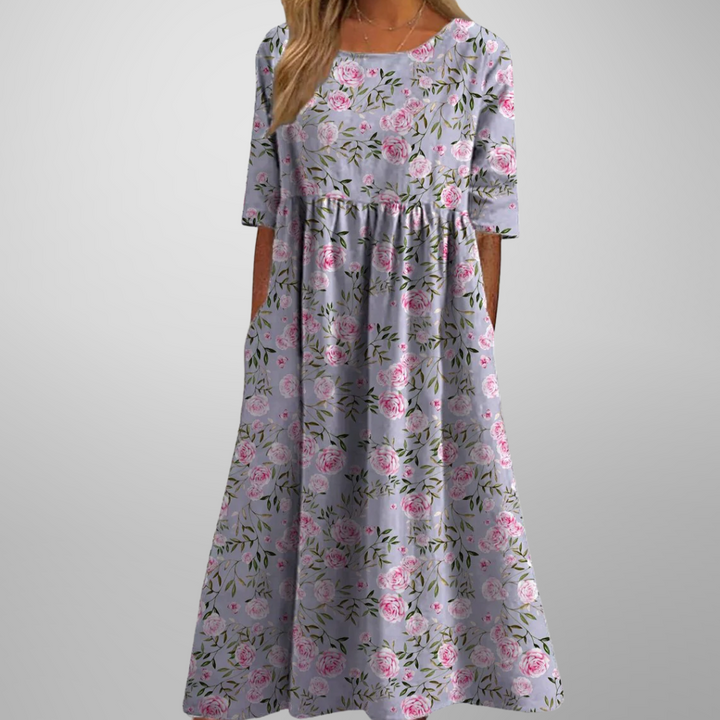 Effortlessly Sophisticated Luxurious Linen Floral Print Flowing Silhouette Midi Dress