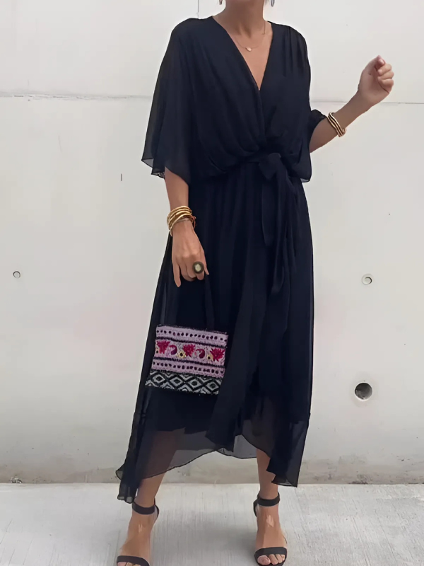 Timeless Elegant Wrap Front Georgette Chiffon Multiway Flex Draped Silhouette Midi Dress