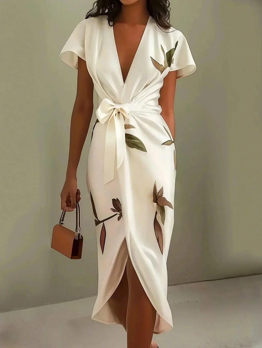Luxuriously Elegant Flattering Wrap LeafPrinted SilkSateen Waist Defining Belt Dress
