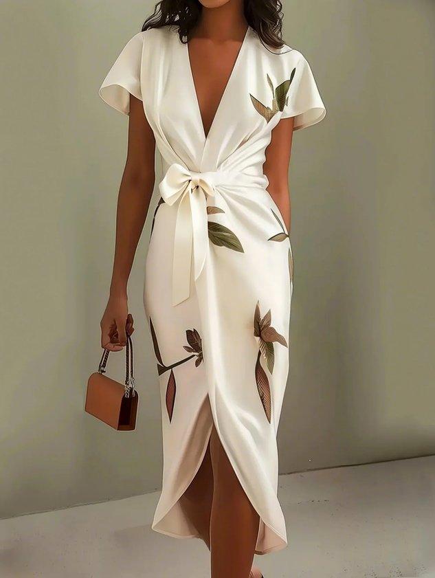 Luxuriously Elegant Flattering Wrap LeafPrinted SilkSateen Waist Defining Belt Dress