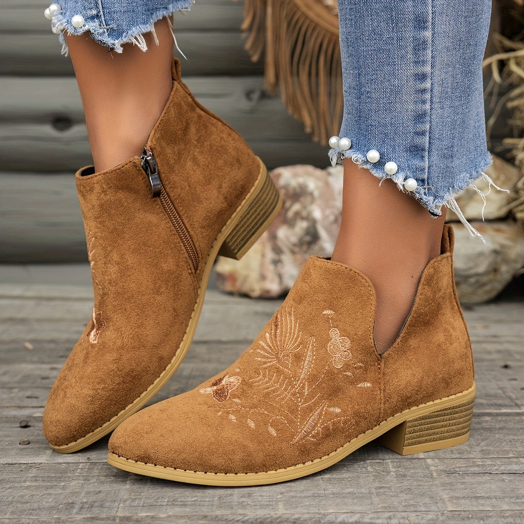 Isadora | Embroidered Low Heel Ankle Boots