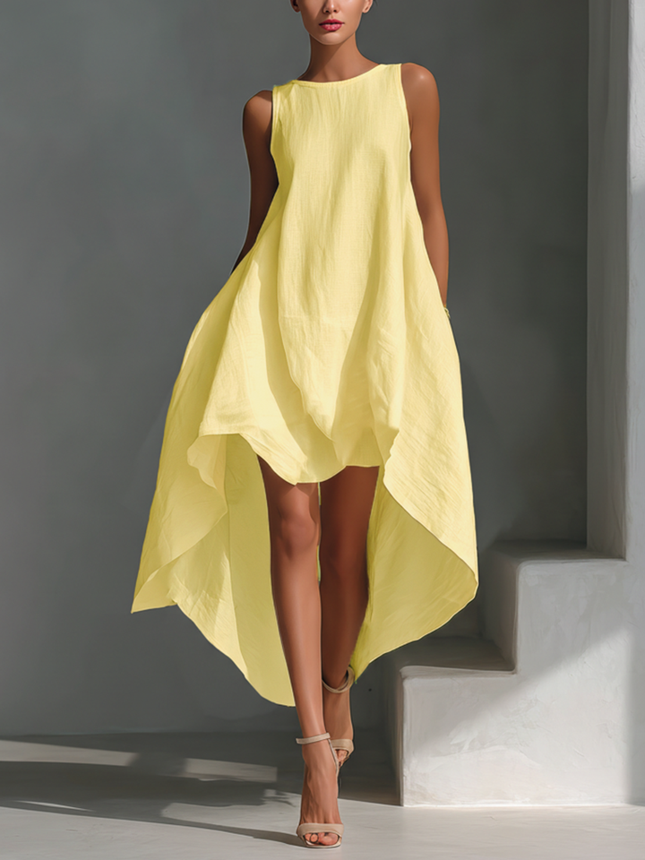 Women’s Linen Midi Dress – Sleeveless Round Neck Asymmetric Hem Elegant Dress