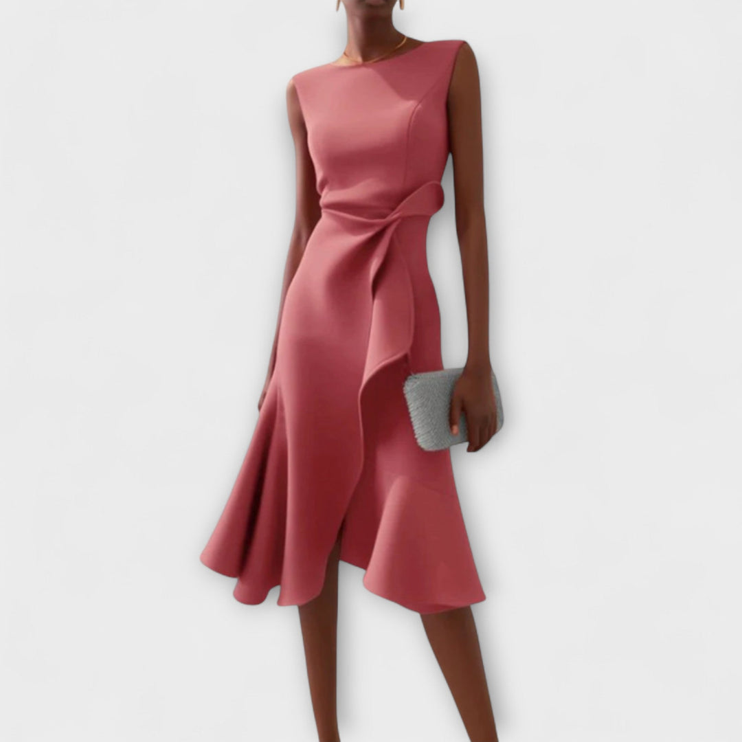 Women’s Crepe Georgette Midi Dress – Sophisticated Asymmetric Drape Sleeveless Design