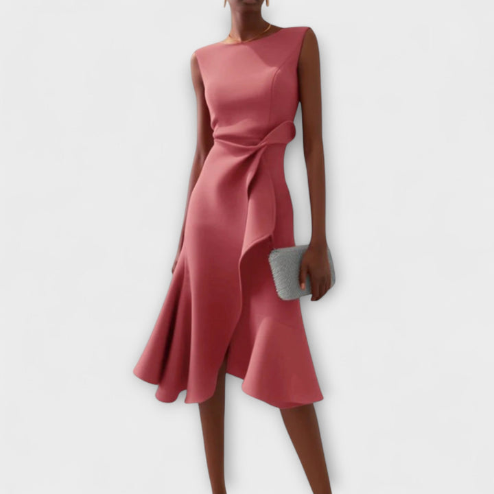 Women’s Crepe Georgette Midi Dress – Sophisticated Asymmetric Drape Sleeveless Design