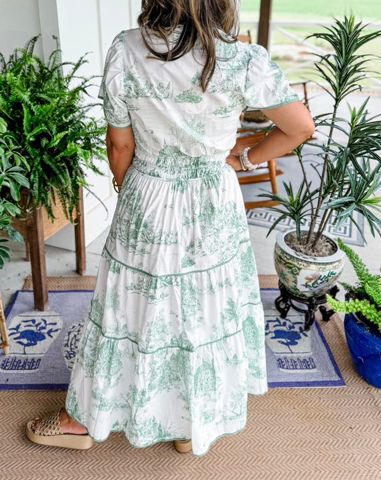 Romantic Driven Smocked Waist Evergreen Toile Print Tiered Floral Silhouette Maxi Dress