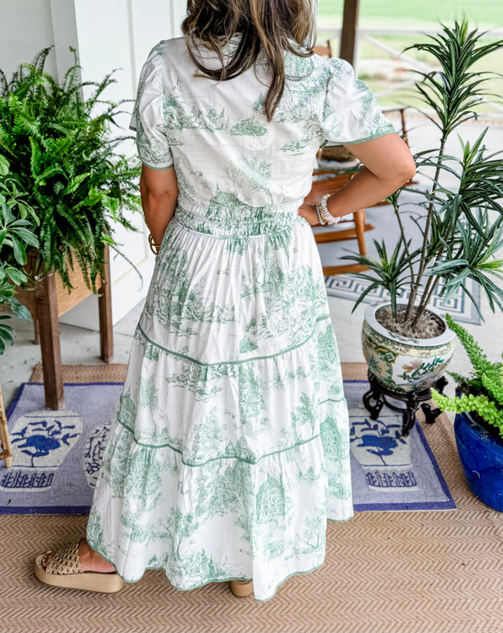 Romantic Driven Smocked Waist Evergreen Toile Print Tiered Floral Silhouette Maxi Dress
