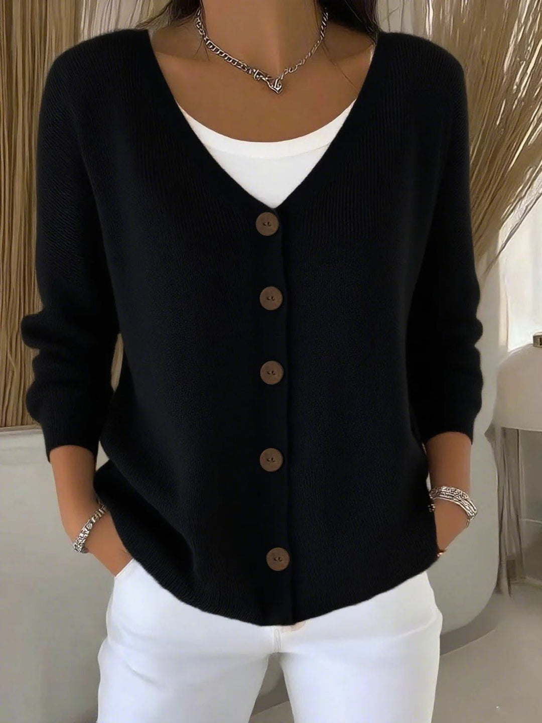 Olivia - Long Sleeve V-Neck Button Sweater