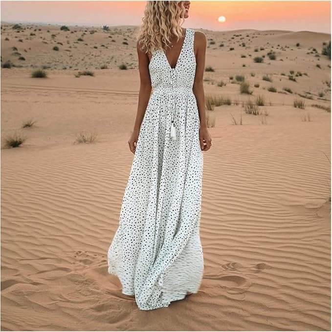 Women’s Polka Dot Maxi Dress – Boho Chic Flowing Draped Silhouette Elegant Dress