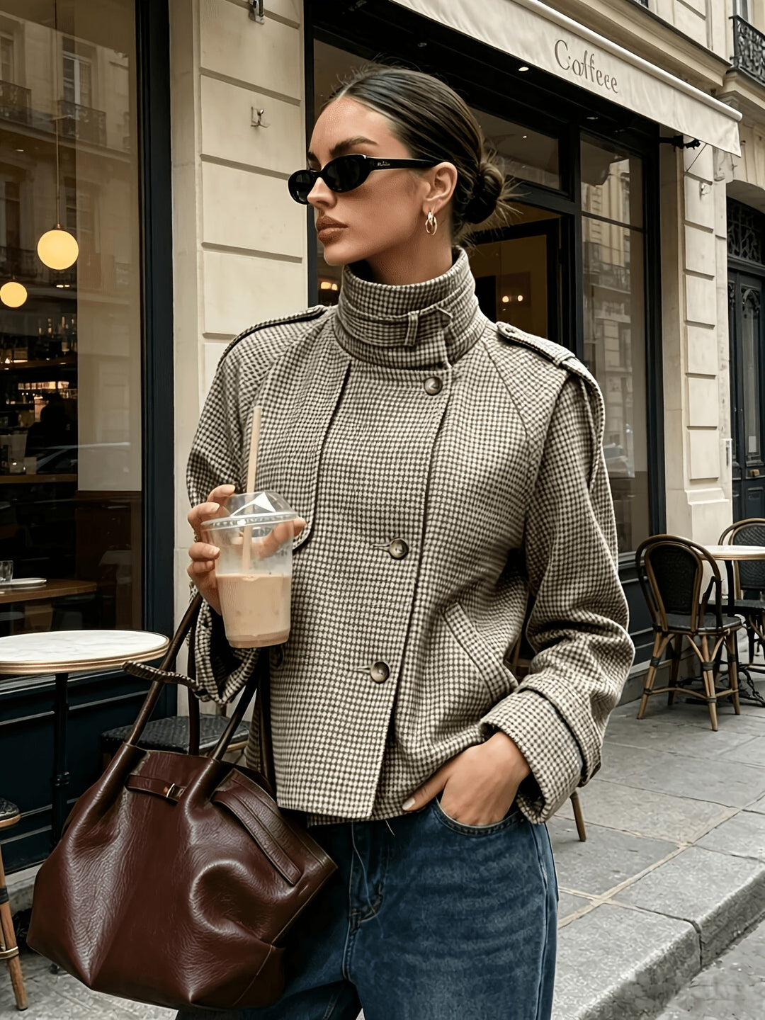 Marguerite | Colbert with Standing Collar in Houndstooth
