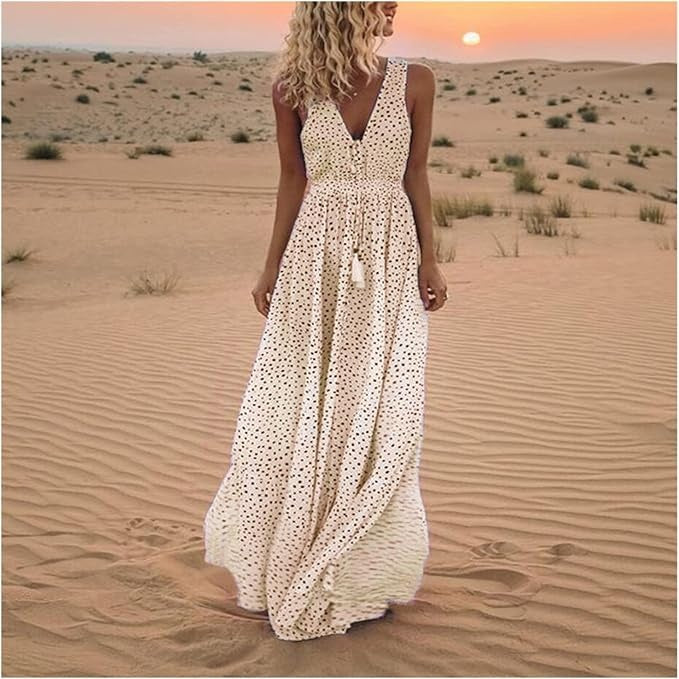 Women’s Polka Dot Maxi Dress – Boho Chic Flowing Draped Silhouette Elegant Dress