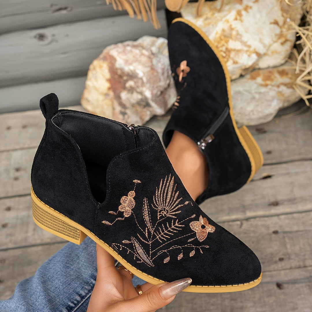Isadora | Embroidered Low Heel Ankle Boots