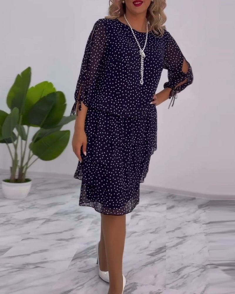 Women’s Polka Dot Chiffon Midi Dress – Navy White Tiered Elegant Three-Quarter Sleeve Dress