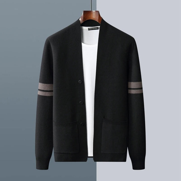 Classic Merino Men's Cardigan with Striped Sleeves