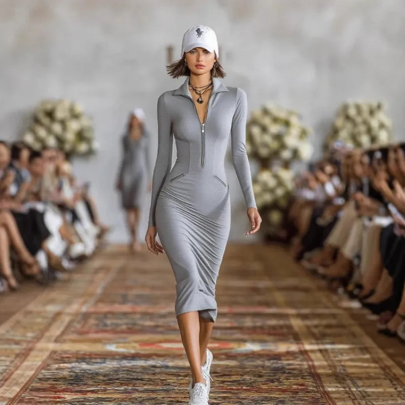 Bella | Women's Midi Dress with Zipper and Pockets