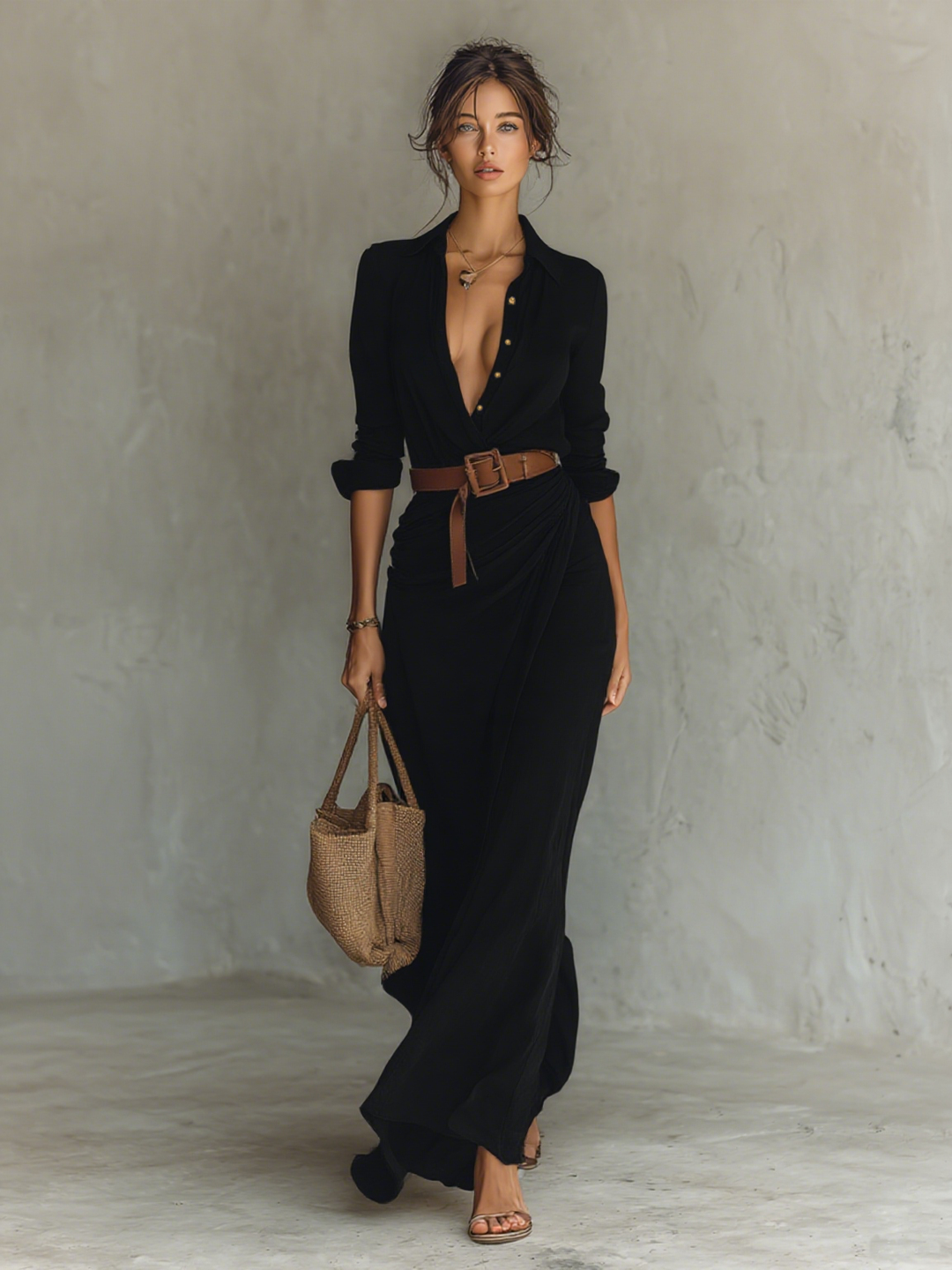 Women’s Crepe Georgette Maxi Dress – Elegant Lapel Single Breasted Belted Long Sleeve Dress