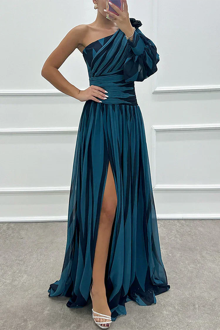 Timeless Elegant One Shoulder Asymmetric Striped Satin Flowing Evening Wear Maxi Dress
