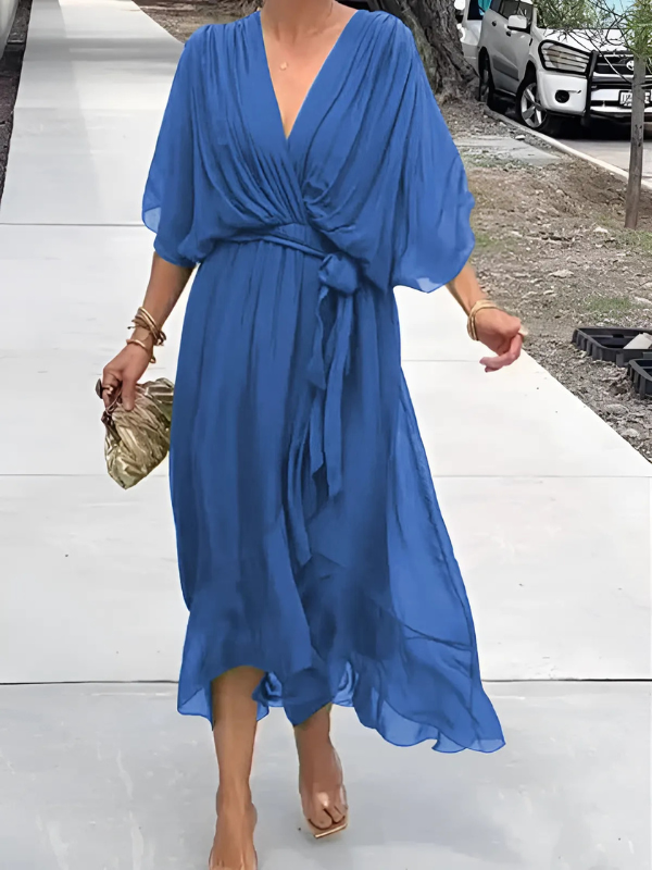 Timeless Elegant Wrap Front Georgette Chiffon Multiway Flex Draped Silhouette Midi Dress