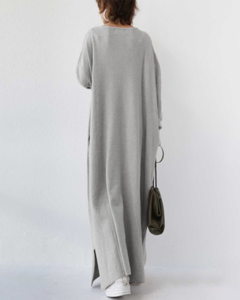 Luxuriously Elegant Long-Sleeve Wool-Blend Winter Maxi With Flowing Silhouette Dress