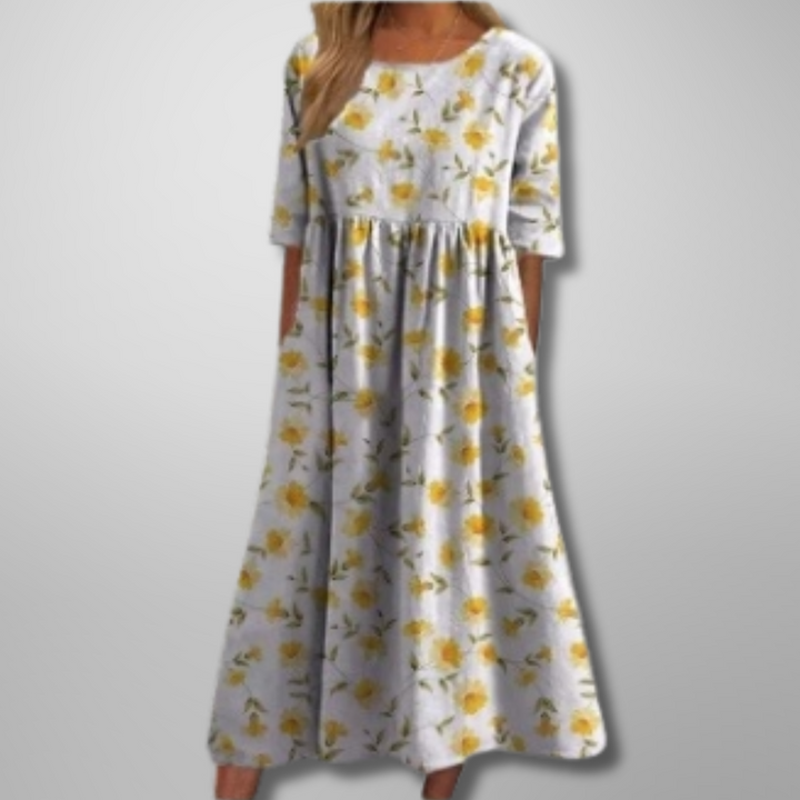 Effortlessly Sophisticated Luxurious Linen Floral Print Flowing Silhouette Midi Dress