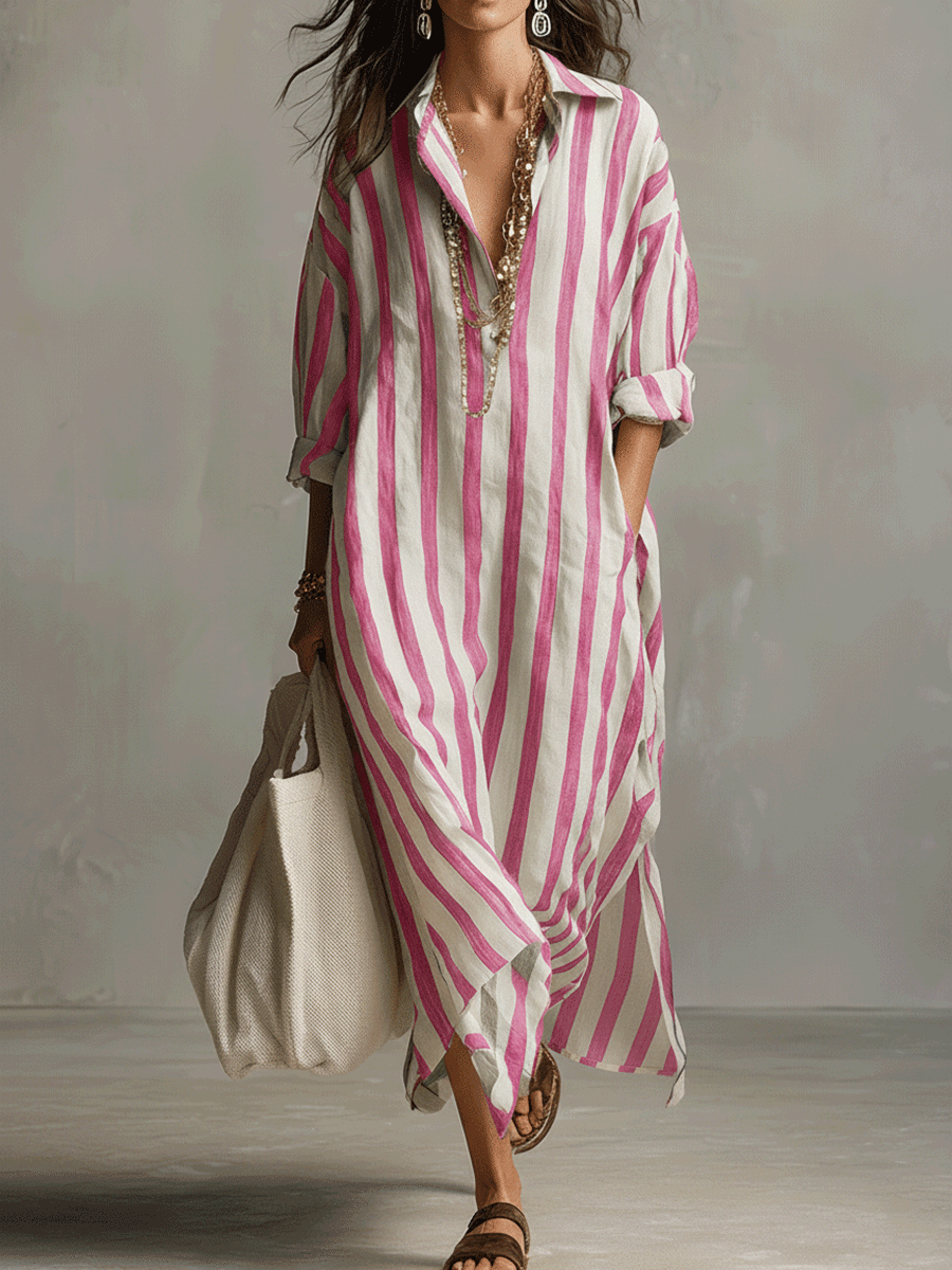 Bohemian-Chic Vertical Striped Patterned Stripe Elongating Silhouette Maxi Dress