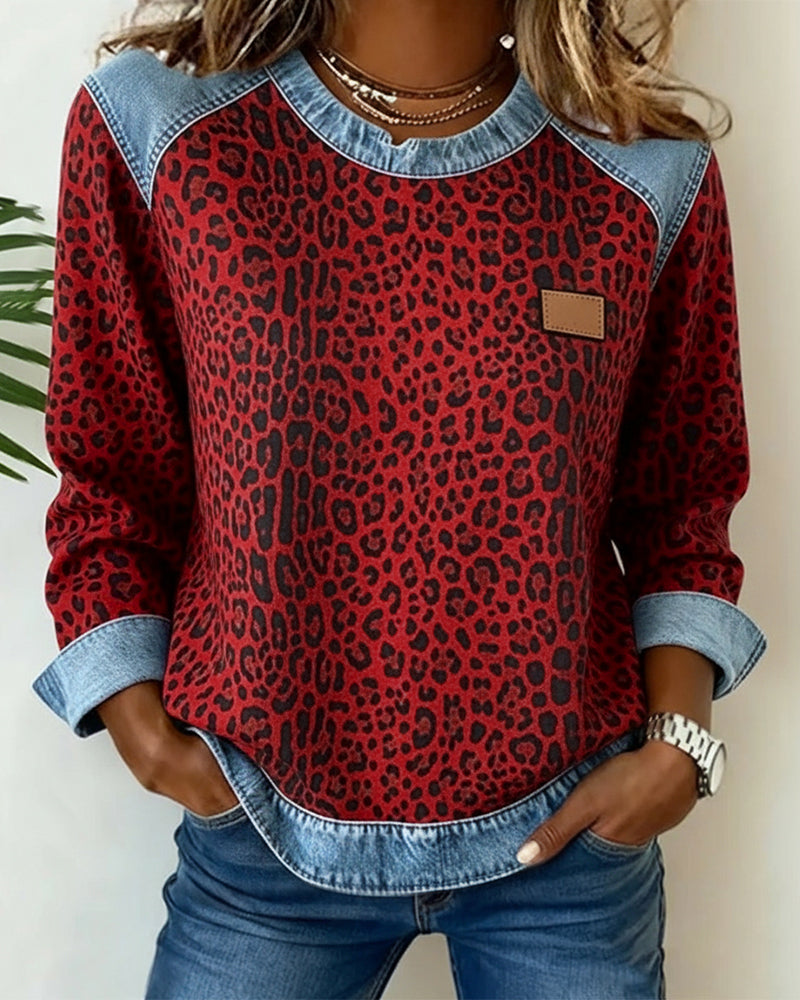 Leopard Print Denim Patchwork Pullover
