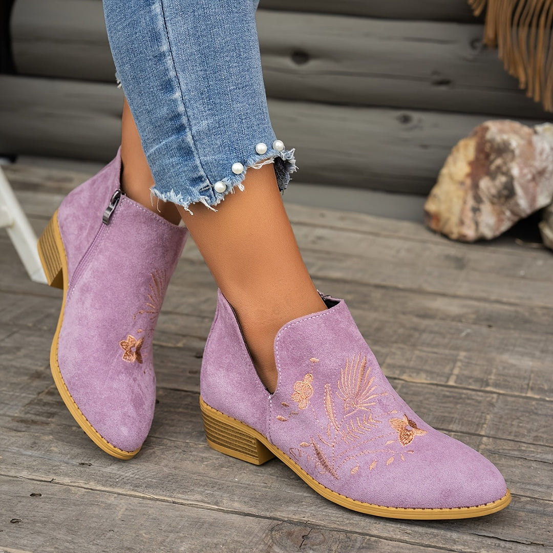 Isadora | Embroidered Low Heel Ankle Boots