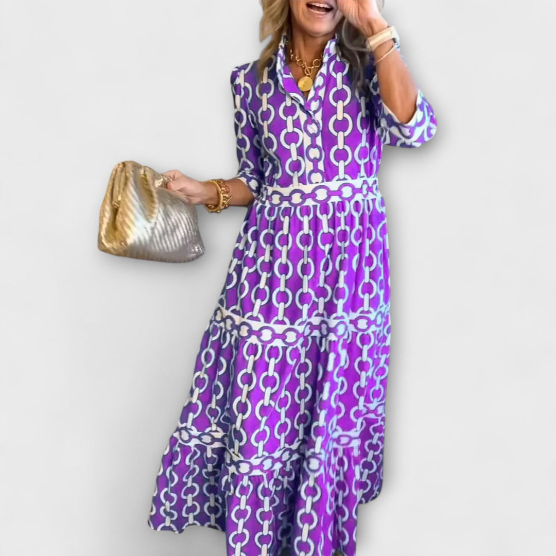 Elegant Smoothing Waistline Chain Pattern Tiered Silhouette Exquisite Midi Dress