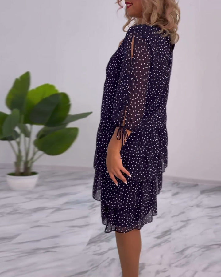 Women’s Polka Dot Chiffon Midi Dress – Navy White Tiered Elegant Three-Quarter Sleeve Dress