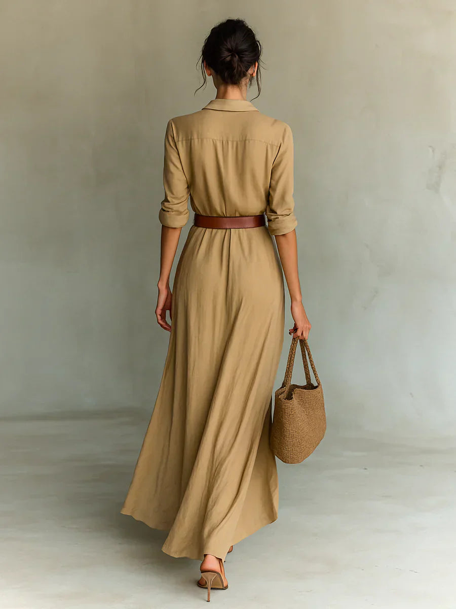 Unquestionably Sophisticated Architectural Contemporary Lapel Front Crepe Maxi Belted Dress