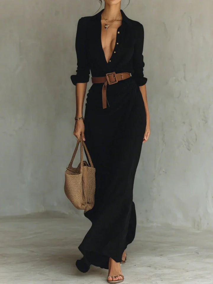 Unquestionably Sophisticated Architectural Contemporary Lapel Front Crepe Maxi Belted Dress