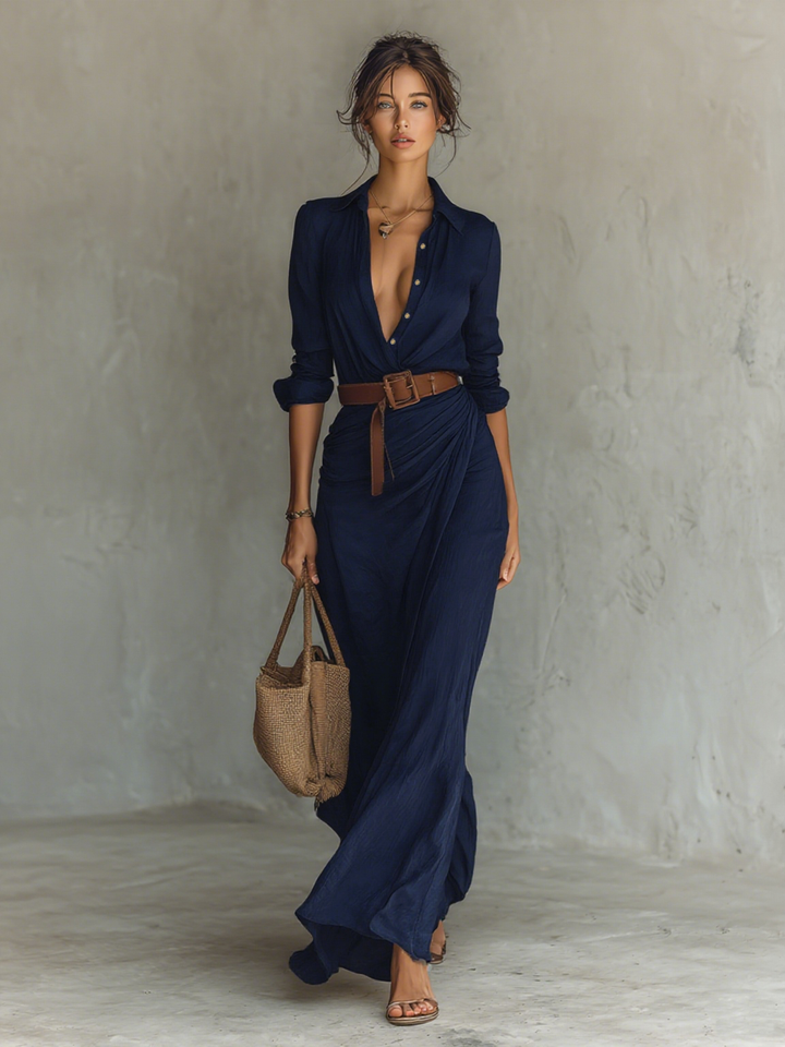 Women’s Crepe Georgette Maxi Dress – Elegant Lapel Single Breasted Belted Long Sleeve Dress