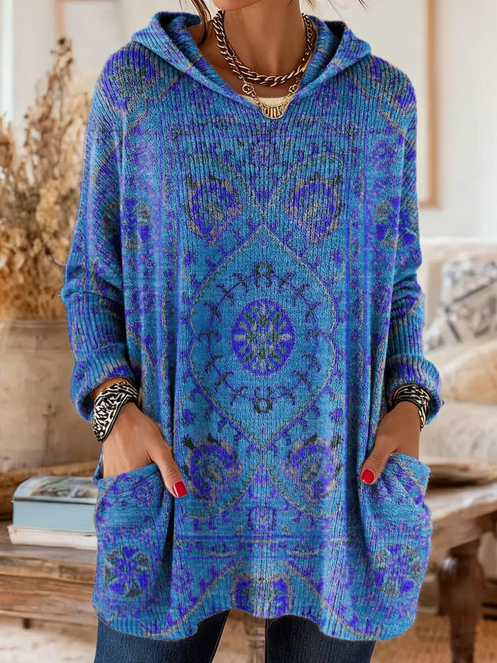 Vintage-inspired hoodie tunic with pockets and ethnic print