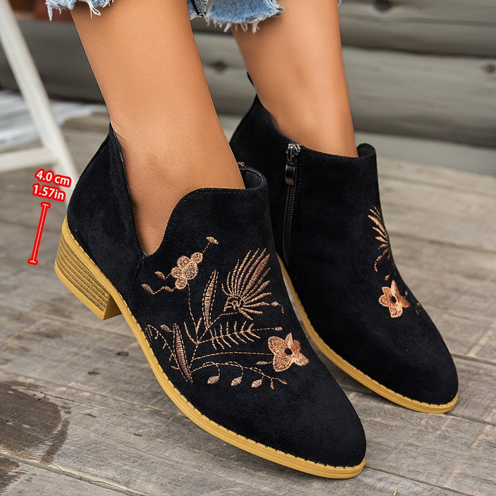 Isadora | Embroidered Low Heel Ankle Boots