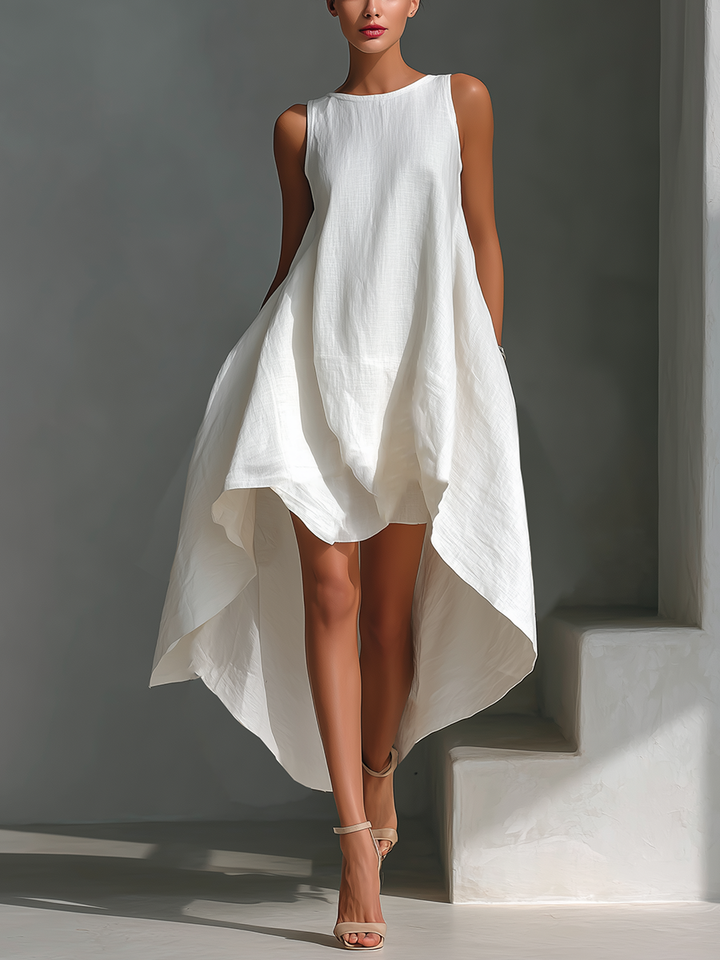 Women’s Linen Midi Dress – Sleeveless Round Neck Asymmetric Hem Elegant Dress