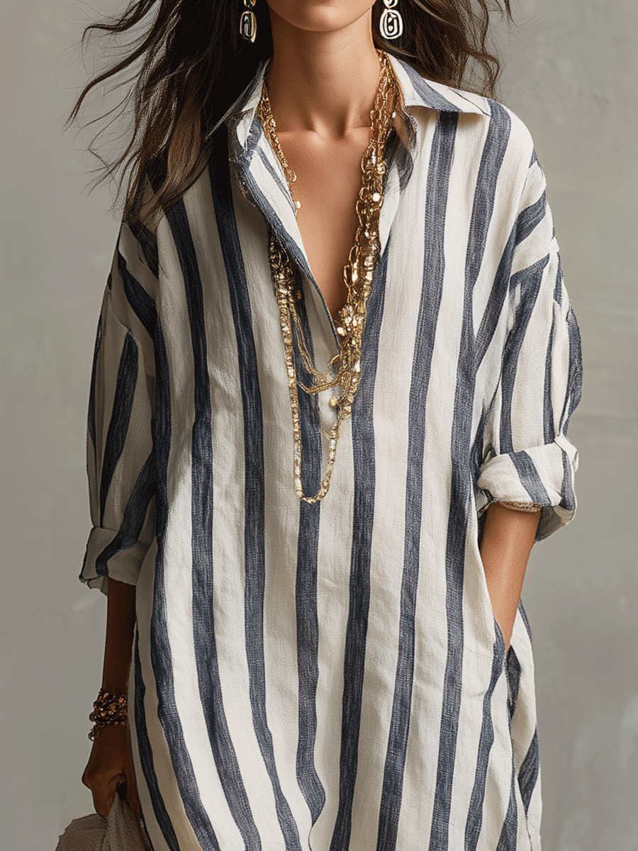 Bohemian-Chic Vertical Striped Patterned Stripe Elongating Silhouette Maxi Dress