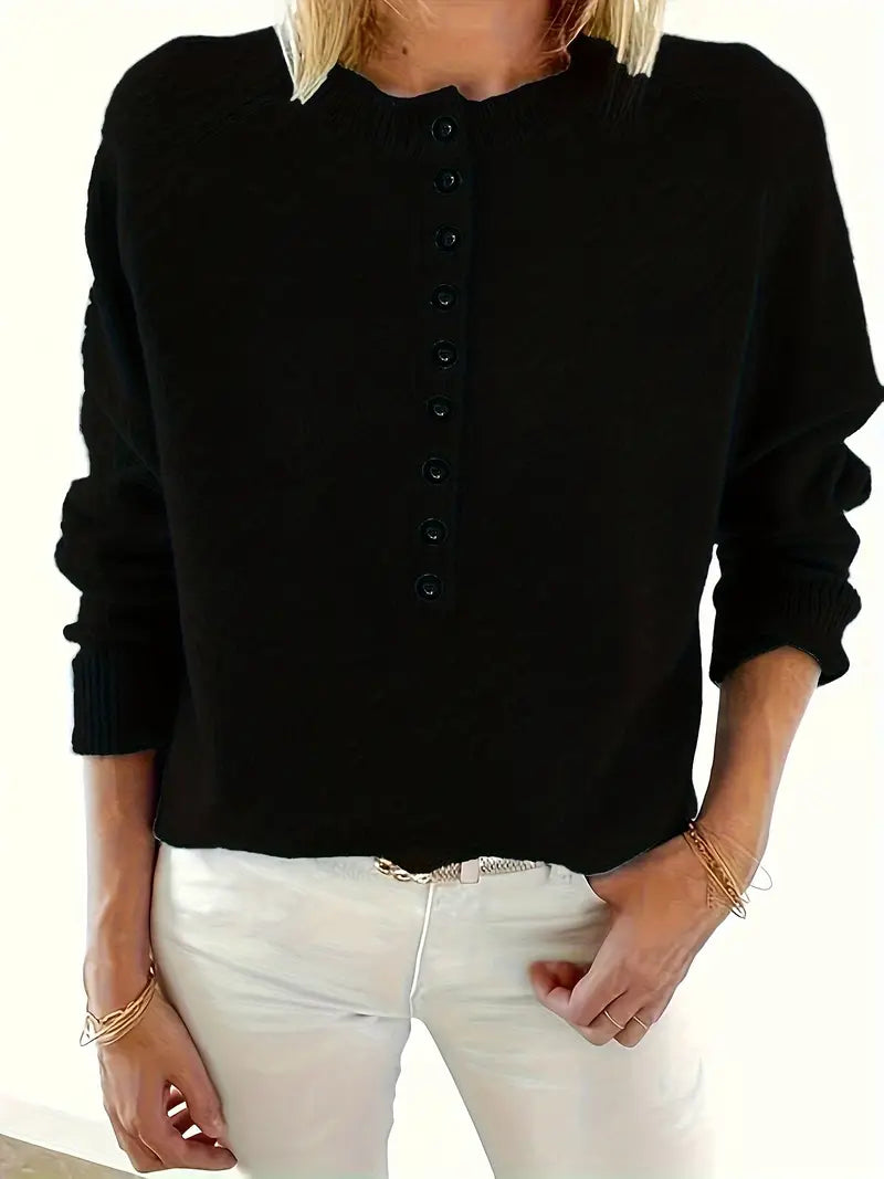 Caroline - Solid Sweater with Half Button Closure