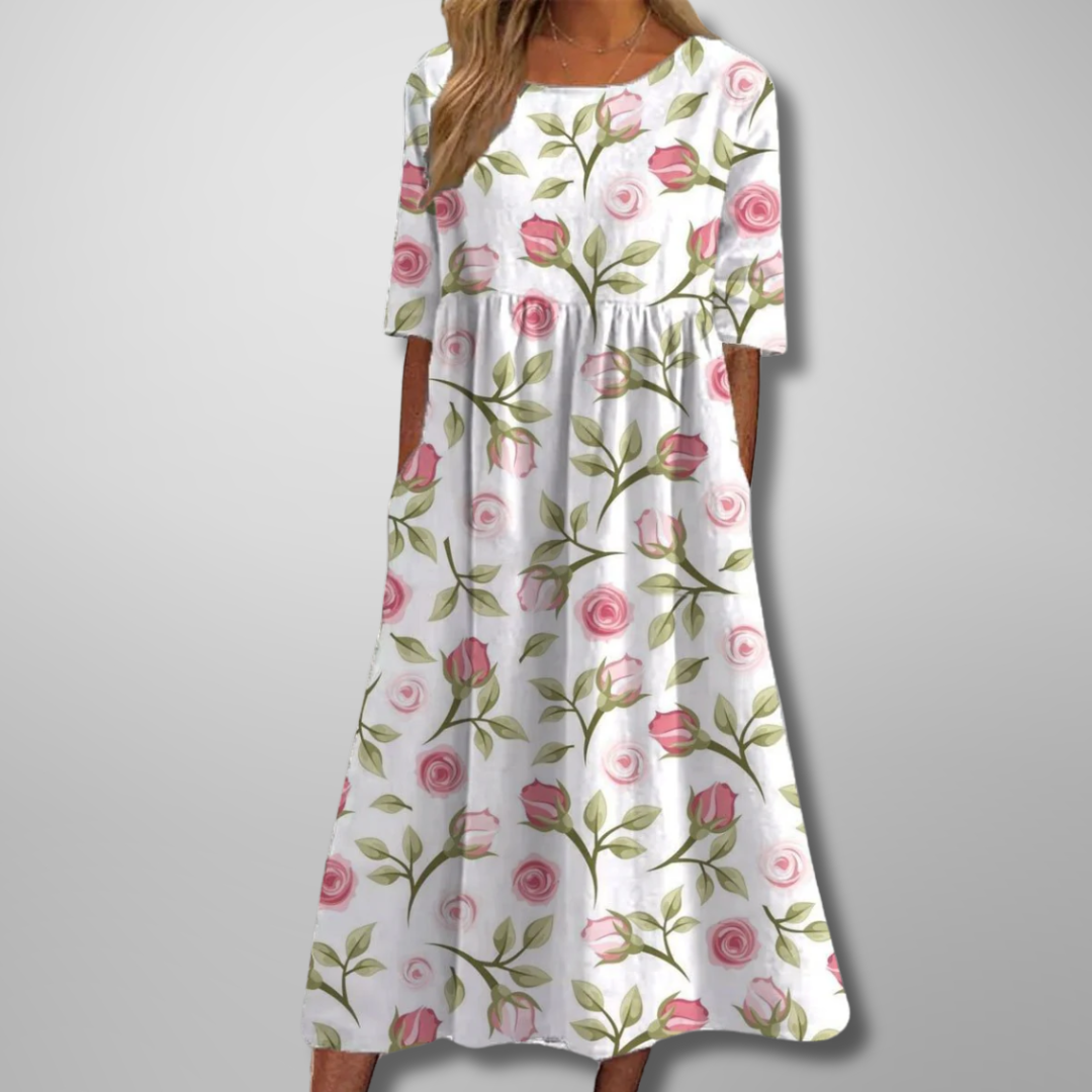 Effortlessly Sophisticated Luxurious Linen Floral Print Flowing Silhouette Midi Dress