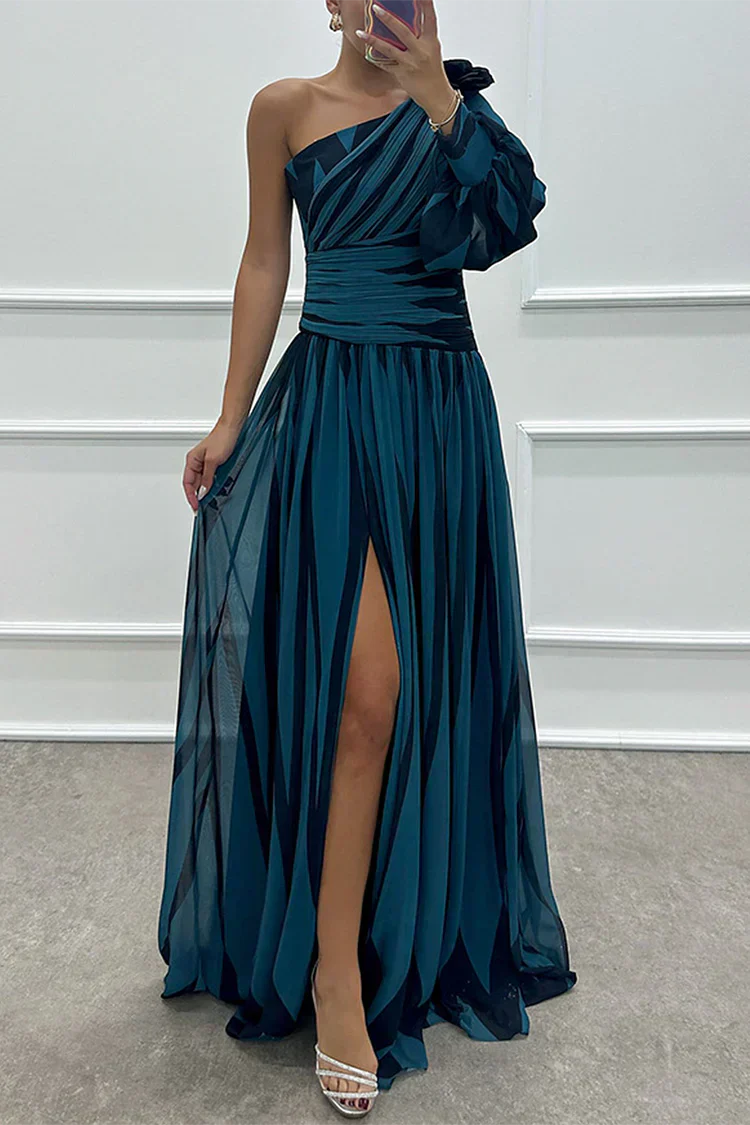 Alluring Sophisticated Pinstriped One Shoulder Sateen Weave Draped Waistline Maxi Dress