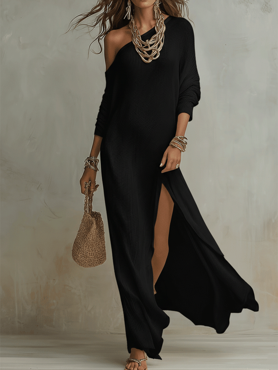 Women’s Ivory Knit Maxi Dress – Luxurious Off Shoulder Textured Drape Silhouette Dress