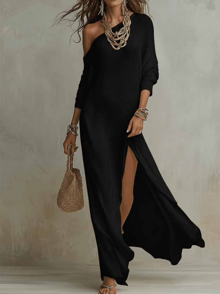 Women’s Ivory Knit Maxi Dress – Luxurious Off Shoulder Textured Drape Silhouette Dress