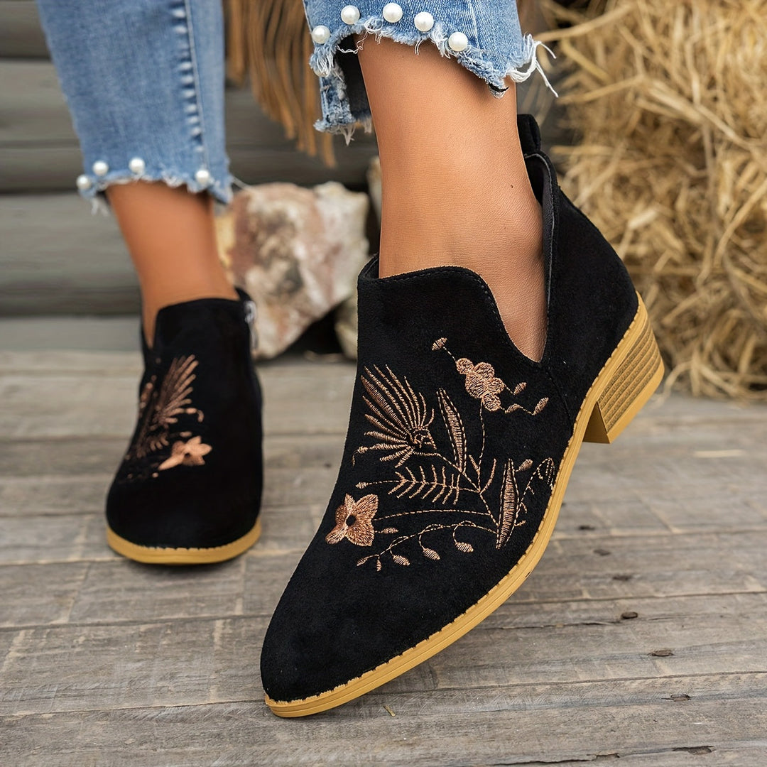 Isadora | Embroidered Low Heel Ankle Boots