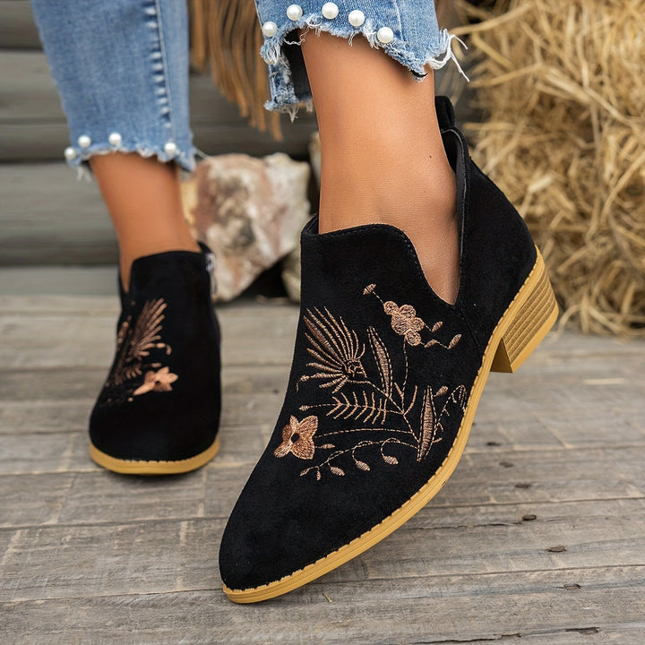 Isadora | Embroidered Low Heel Ankle Boots