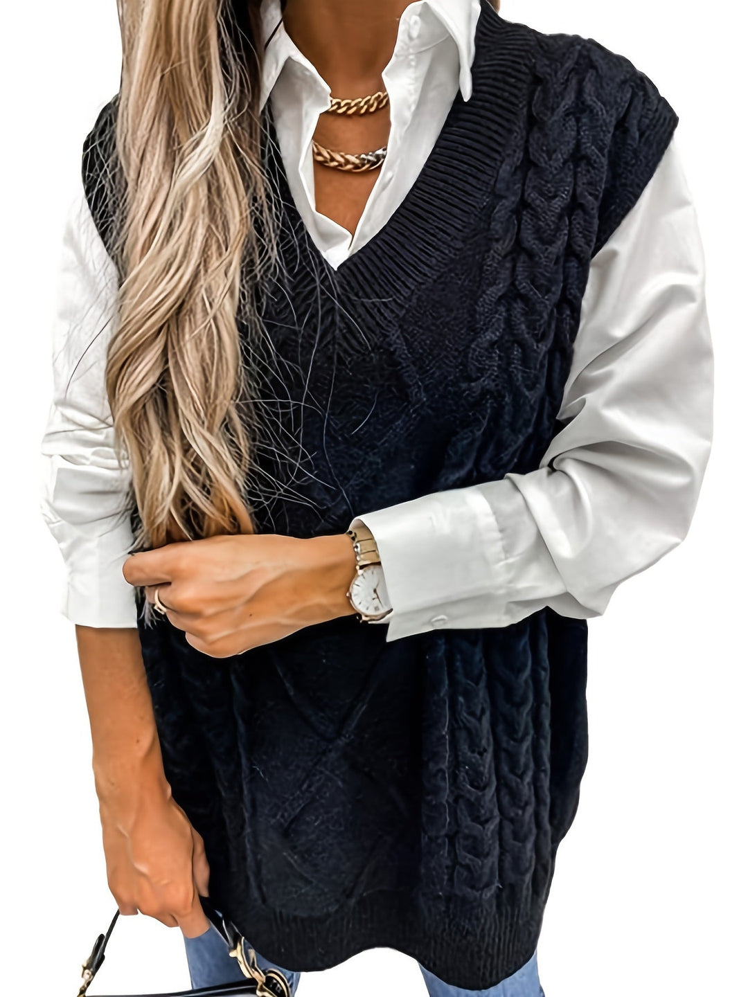 Cora | Cozy Cable Knit V-Neck Sweater Vest
