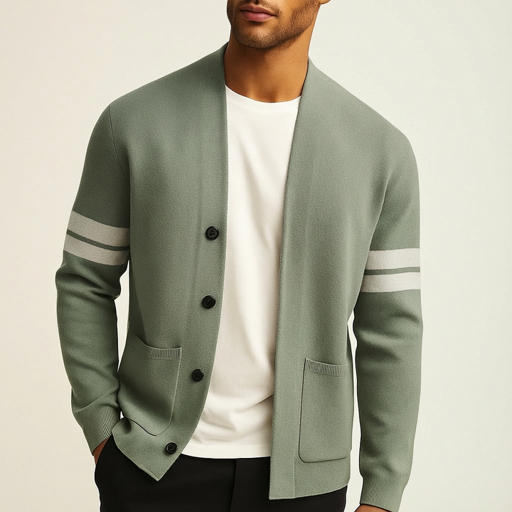 Classic Merino Men's Cardigan with Striped Sleeves