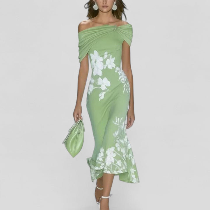 Luxurious Sophisticated Sage Botanical Print Off-Shoulder Ruffle-Edge Hem Midi Dress