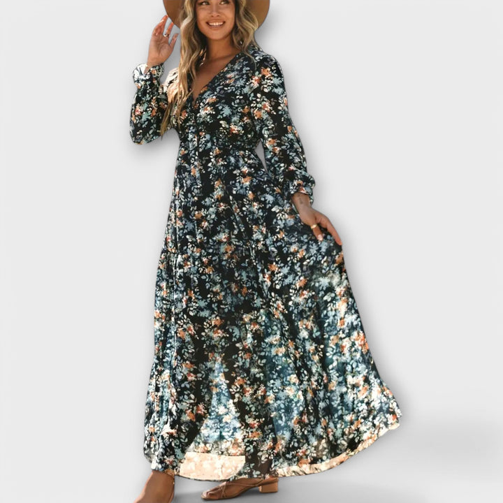 Effortless Floral V-Neck Lightweight Georgette Maxi Dress With Flowing Silhouette