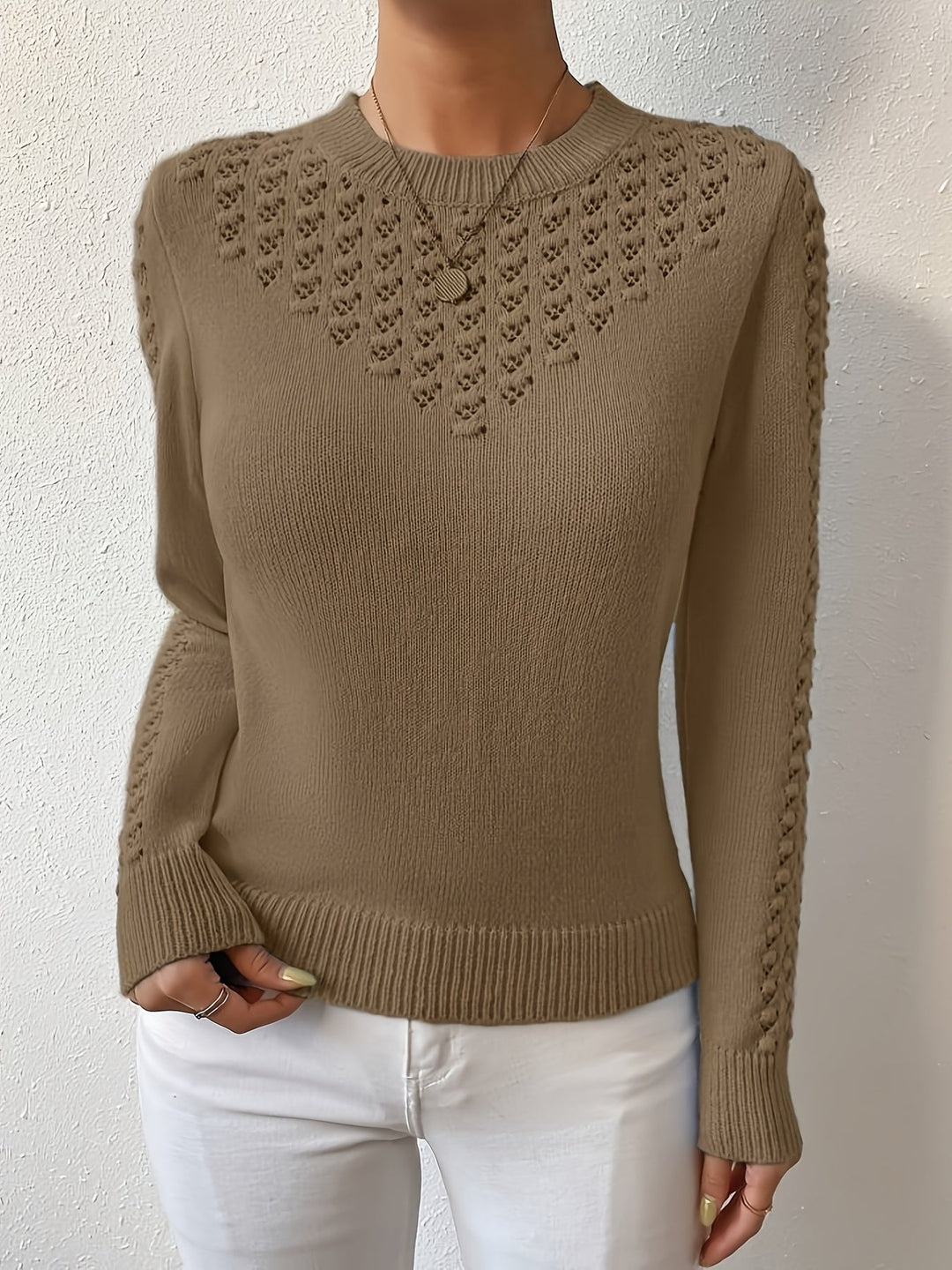 Aveline | Pointelle Knit Round Neck Sweater