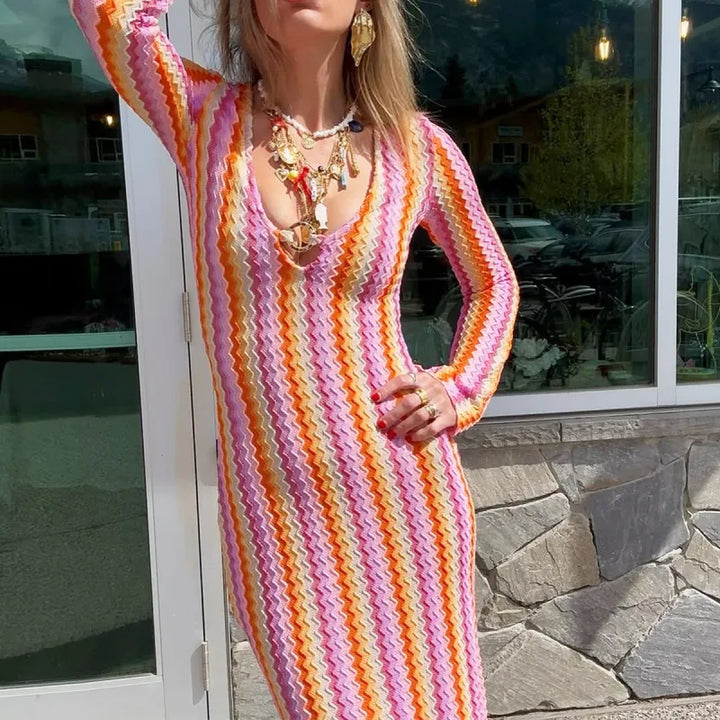 Lainey | Women’s Maxi Dress with Deep V-Neck and Chevron Pattern