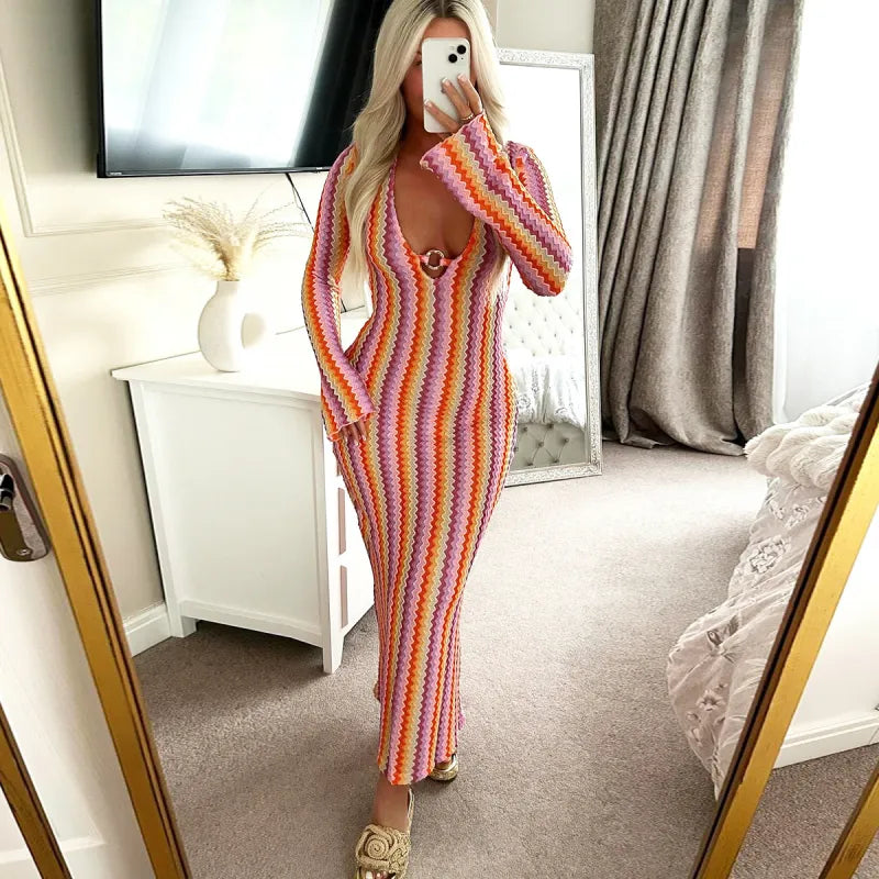 Lainey | Women’s Maxi Dress with Deep V-Neck and Chevron Pattern