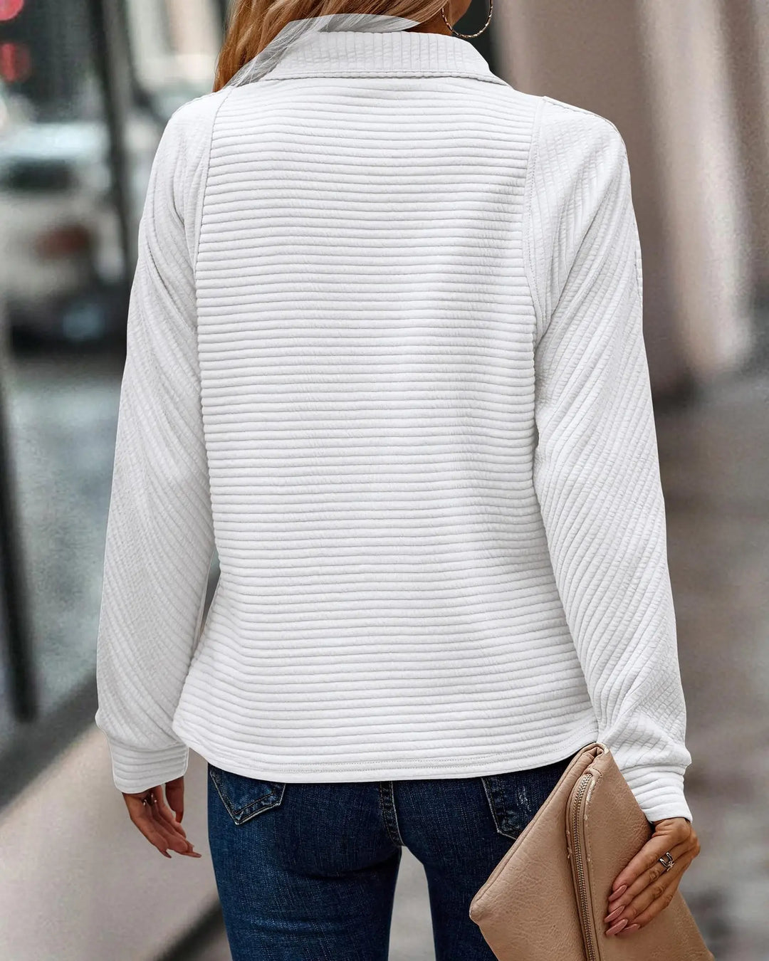 Ladies Ribbed Quarter Zip Long Sleeve Sweater